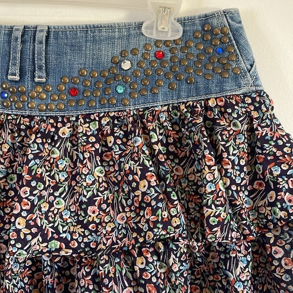 Y2K Western Ruffle Mini Skirt 6 Jean Floral Jewel Stud Express Denim 00s Baby - Picture 10 of 16